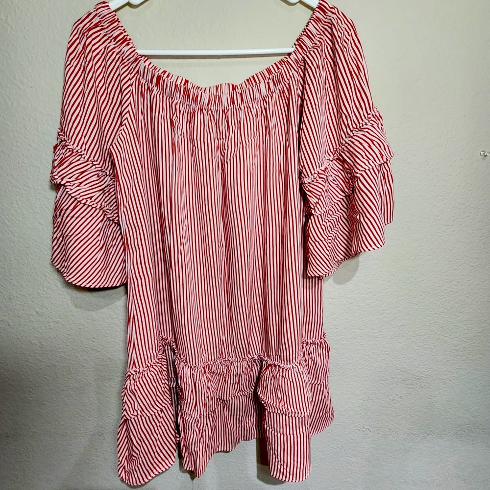Forever 21 Contemporary Ruffled Striped Off Shoulder Dress. Size- Large